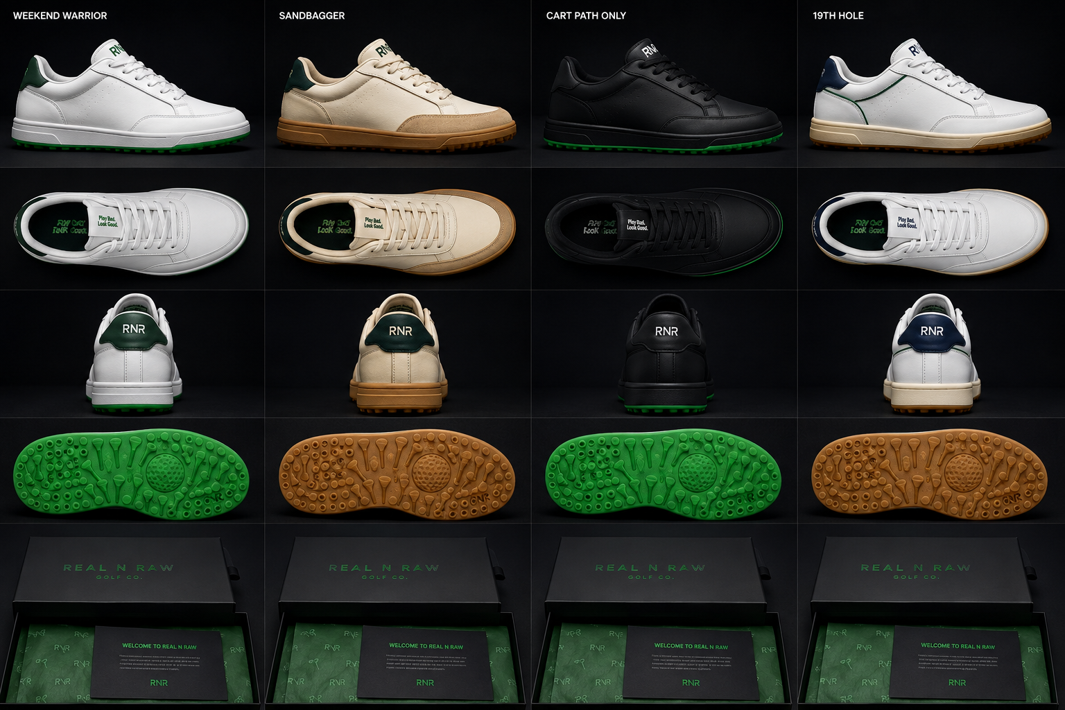 Real N Raw golf shoes in four colorways — Weekend Warrior, Sandbagger, Cart Path Only and 19th Hole — coming soon